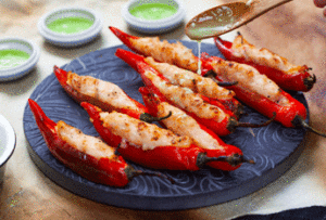 Chillies as appetizers. Prawn stuffed Chillies