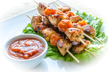 Dips with Chillies. Skewered chicken