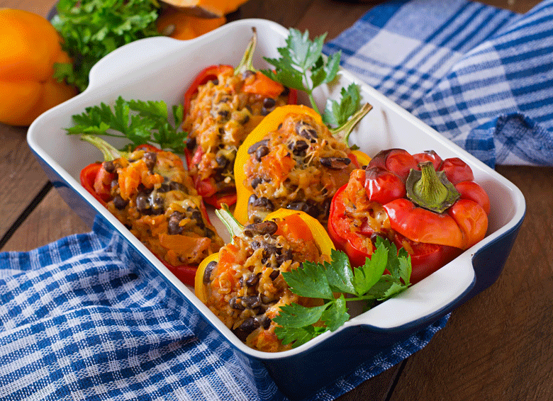 Image of stuffed Bell peppers in a serving dish 
