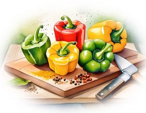 water colour image of bell peppers on a cutting board with a knife 